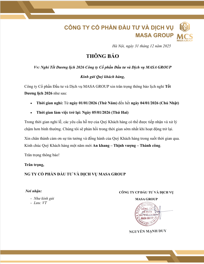 THÔNG BÁO Vv: Nghỉ Tết Dương lịch 2026 Công ty Cổ phần Đầu tư và Dịch vụ MASA GROUP