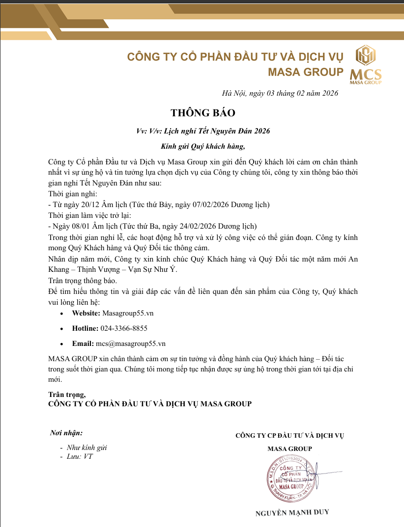 THÔNG BÁO  Vv: V/v: Lịch nghỉ Tết Nguyên Đán 2026